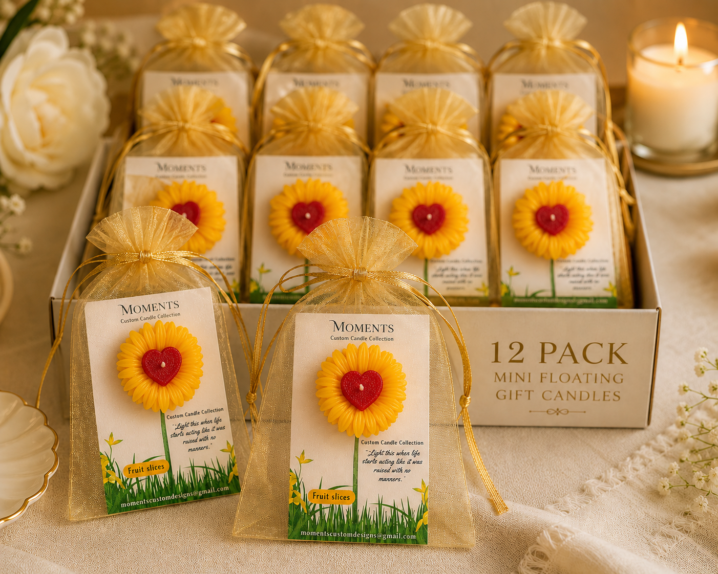 Sunflower Heart Mini Floating Event Gift Candles – 12 Pack